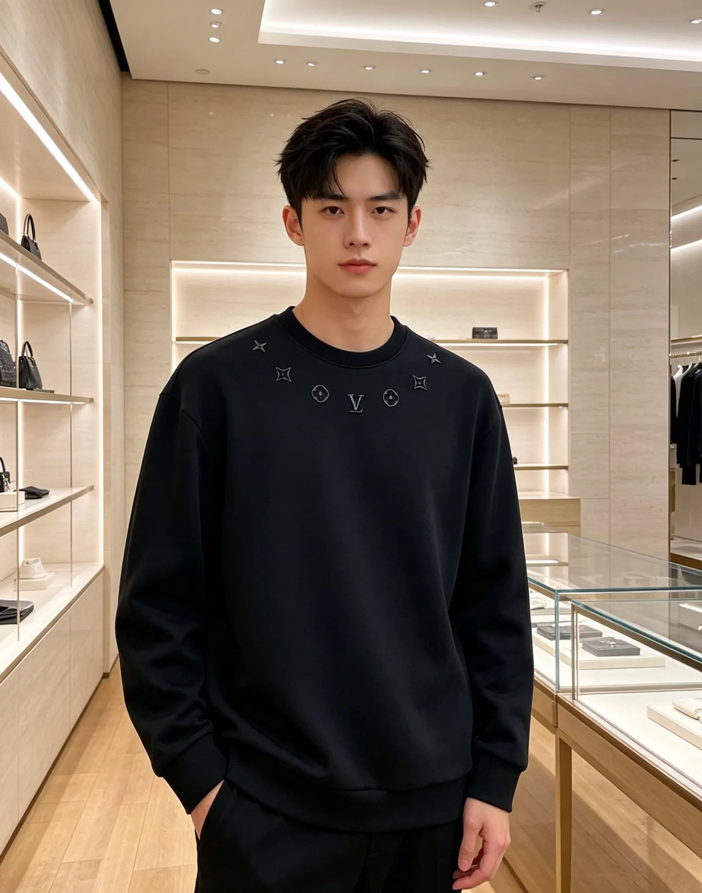 Louis Vuitton Louis Vuitton crew neck sweatshirt with embossed old flower embroidery on the neck